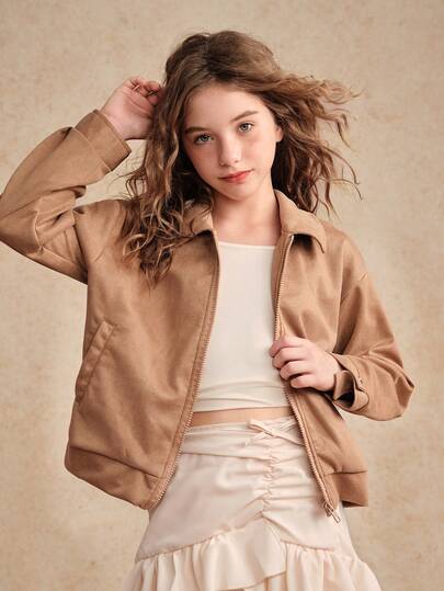 Woven Solid Color Casual Street Outdoor Lapel Long Sleeve High-End Design Suede Zip-Up Jacket For Older Tween Girl