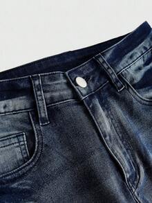 ROMWE Hippie 大码复古水洗月亮星星刺绣喇叭牛仔裤 - 藍色 - 查看 3