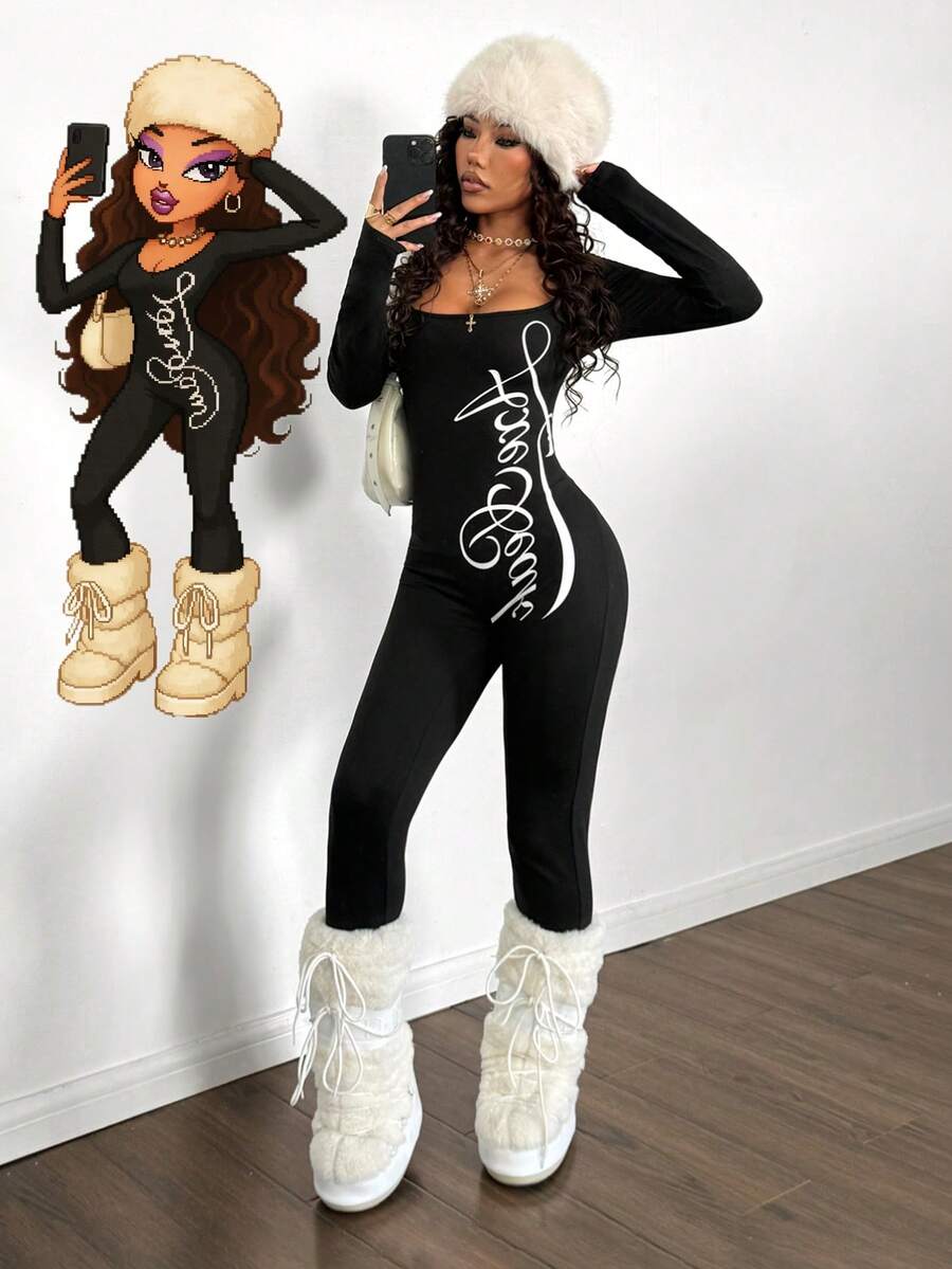 StreetHx Mono de mujer con cuello cuadrado negro estampado - Negro - Ver 1