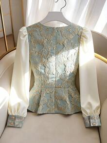 GlowEve 女士优雅简约提花长袖翻领修身衬衫，秋冬款 - 彩色 - 查看 2