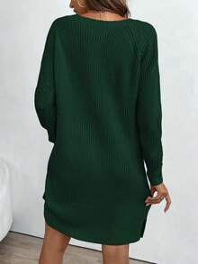 SHEIN LUNE V领纽扣休闲百搭长袖毛衣连衣裙 - 墨綠色 - 查看 2