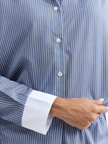 Loungeista 2pcs Women Striped Button-Front Long Sleeve Pajama Set + Drawstring Waist Pants, Cute Sleepwear Suit - Blue - View 5