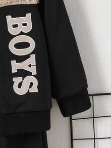SHEIN Baby Boy Letter Applique Fleece Sweatshirt Track Suit,Black And White,Autumn,Casual,Date Comfortable Fabric Autumn/Winter Outdoor Streetwear Outfit - Multicolor - View 6