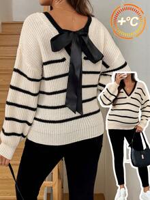 SHEIN Maternity Striped V-Neck Casual Fashionable Long Sleeve Pullover Sweater Jumper For Woman Women Sweater Knit Sweater Bow Sweater Cute Sweaters - Multicolor - View 7