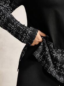 Zelara 大码女式海军风套装两件套，格子拼接上衣和打底裤，感恩节女装两件套，圣诞节女装两件套，新年女装两件套，圆领长袖T恤和高腰黑色长款打底裤两件套，休闲外出和居家穿着两件套 - 黑與白 - 查看 7