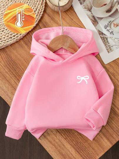 SHEIN Baby Girl Sweet Minimalist Bow Print Hooded Long Sleeve Fleece Sweatshirt, Suitable For Outings In Autumn/Winter Baby Girl Pink Sweatshirt Baby Girls Sweatshirts