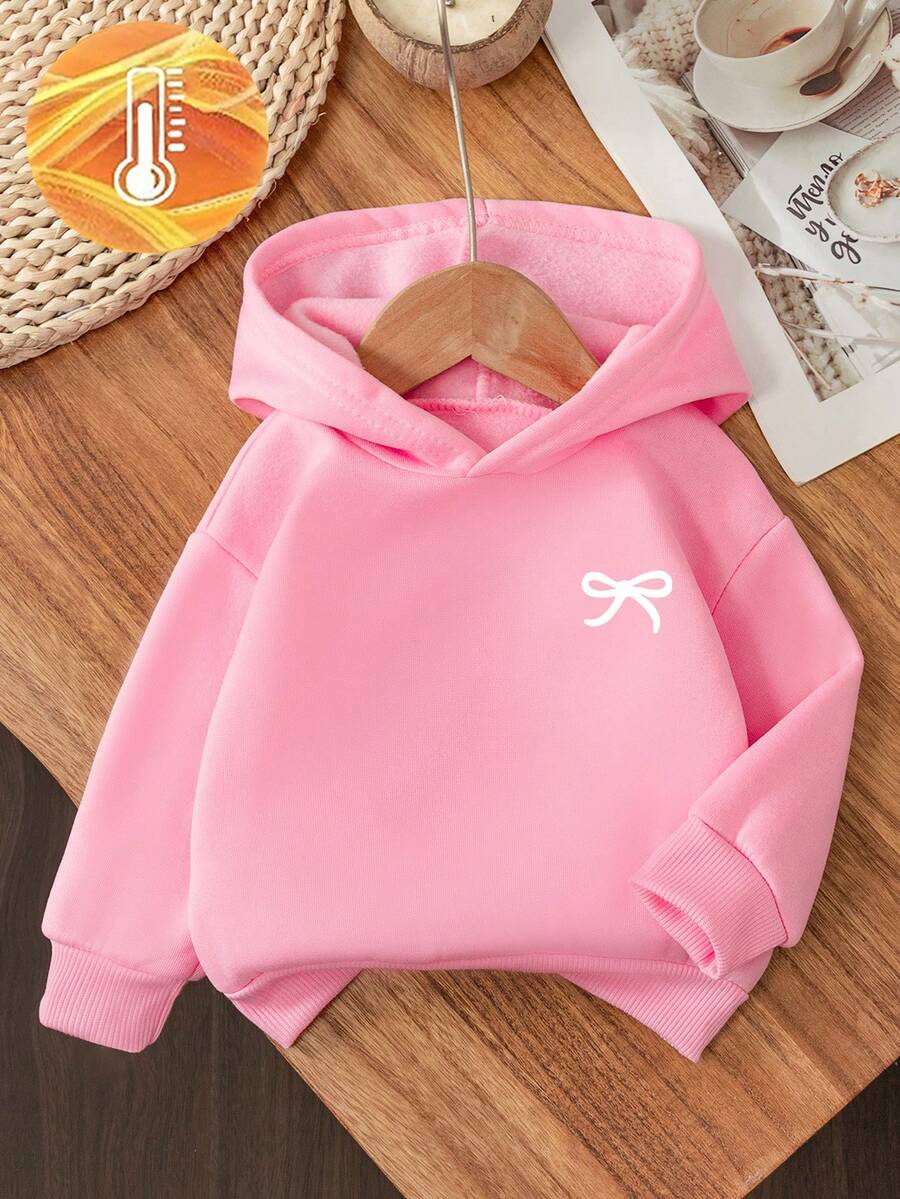 SHEIN Áo nỉ dài tay có mũ in hình nơ tối giản dễ thương cho bé gái, thích hợp cho các hoạt động ngoài trời mùa thu/đông. Áo nỉ màu hồng cho bé gái. - Hồng - Xem 1