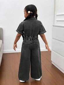 SHEIN 年轻女孩蓝色牛仔破洞衬衫式连体裤，酷炫街头造型 - 黑色 - 查看 8