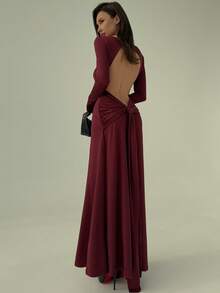 Aloruh Váy đuôi cá hở lưng tay dài màu trơn tối giản gợi cảm dành cho nữ - Màu Đỏ Sâu - Xem 2