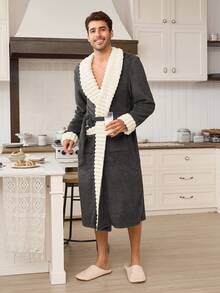 SHEIN Contrast Color Patchwork Cozy Shawl Collar Pocket Design Men's Fluffy Winter Robe - Dark Grey - View 5