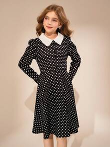 Rochie evazată cu buline și talie pentru fete, guler cămașă, linie A, potrivită pentru Crăciun, toamnă/iarnă - Alb-negru - Vizualizare 4