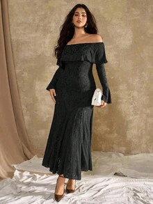 Roveilla 大码女式法式休闲牡丹花卉露肩鱼尾连衣裙 - 黑色 - 查看 4