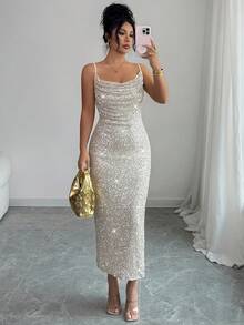 Elenzga 女士亮片吊带露背褶皱领口中长连衣裙，优雅法式复古简约百搭风格，适合冬季、万圣节、圣诞节、感恩节、下午茶会、半正式场合、性感派对、秋冬季穿着。 - 香檳色 - 查看 8