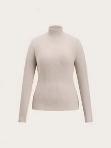 EMERY ROSE 大码女式休闲纯色长袖罗纹高领T恤 - 杏色 - 查看 3