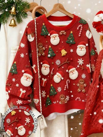 Resyla Damska bluza z nadrukiem Świętego Mikołaja i choinki, czerwona bluza z okrągłym dekoltem, prezent na Boże Narodzenie