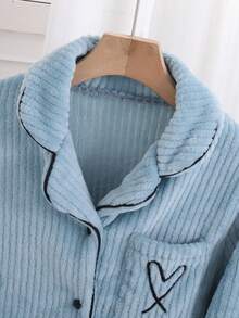 女童睡衣，莲藕粉色，新款简约时尚爱心刺绣长袖长裤两件套睡衣套装 - 淺藍色 - 查看 6