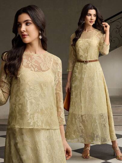 ZEYLAH Blusa elegante de cuello redondo con mangas 3/4 de tela jacquard de malla para mujeres