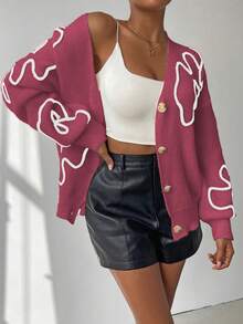 SHEIN Unity Cardigan Rajut Kasual Lengan Panjang Motif Bunga dengan Bahu Longgar untuk Wanita, Musim Gugur/Dingin - Watermelon Pink - View 3