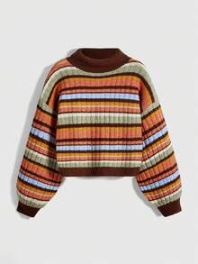 ROMWE Vintage Multi-Color Striped Women Pullover Sweater - Coffee Brown - View 1