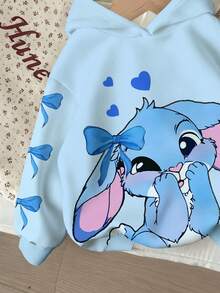 1pc Young Girls' Casual Cute Cartoon Rabbit Bow Print Blue Sweatshirt, Cozy Fall & Winter Styles Long Sleeve Tops - Multicolor - View 3