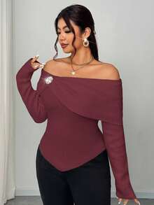 Elenzga Sweater Rajut Pendek Ukuran Plus Wanita Elegan untuk Sehari-hari, Model Bahu Terbuka, Warna Polos, Kerah Syal, Lengan Panjang, Dekorasi Rhinestone Logam, Model Kerut, Pas Badan, Musim Gugur - Burgundy - View 7