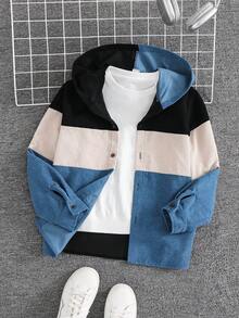 SHEIN 男童休闲日常舒适撞色连帽长袖宽松梭织衬衫 - 彩色 - 查看 4