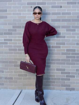 Melissa Matos Batwing Sleeve Sweater Dress Fall Winter Cloth For Women