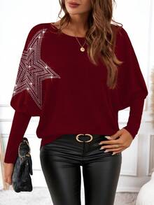 EMERY ROSE Damen Lässig Einfarbiges Shirt mit Fledermausärmeln und Strass, Herbst/Winter - Bordeaux - Übersicht 6