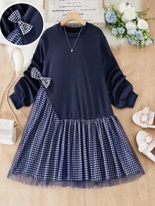 SHEIN 年轻女孩休闲优雅格子拼接针织面料蝴蝶结网纱通勤可爱自然优雅修身连衣裙 - 藏蓝色 - 查看 7