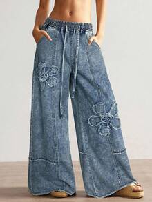 Bohemela Women's Casual Solid Color Wide Leg Jeans - Light Wash - View 3