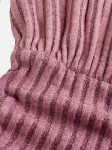 SHEIN Girlism Teen Girls' Pink Ribbed Turtleneck Loose Waist Snug Fit Hip Ruched Snug Fit Casual Elegant Retro Versatile Long Sleeve Mini Dress - Pink - View 3