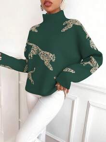 SHEIN Clasi Women's Casual Animal Pattern Stand Collar Sweater, Autumn/Winter - Dark Green - View 6