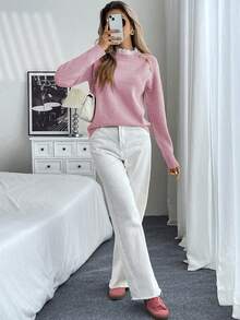 EMERY ROSE New Floral Trim Round Neck Loose Casual Women Sweater - Pink - View 3