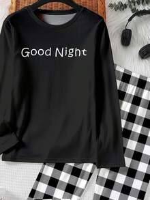 SHEIN Tween Boy Casual Loose Long Sleepwear, Classic Plaid Pattern Print, "Good Night" Text Graphic Print - Multicolor - View 3
