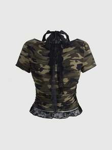 ROMWE Grunge Punk Camiseta ajustada de mujer con cuello redondo, parches de encaje, camuflaje y aplicaciones de rhinestones con diseño punk - Multicolor - Ver 2