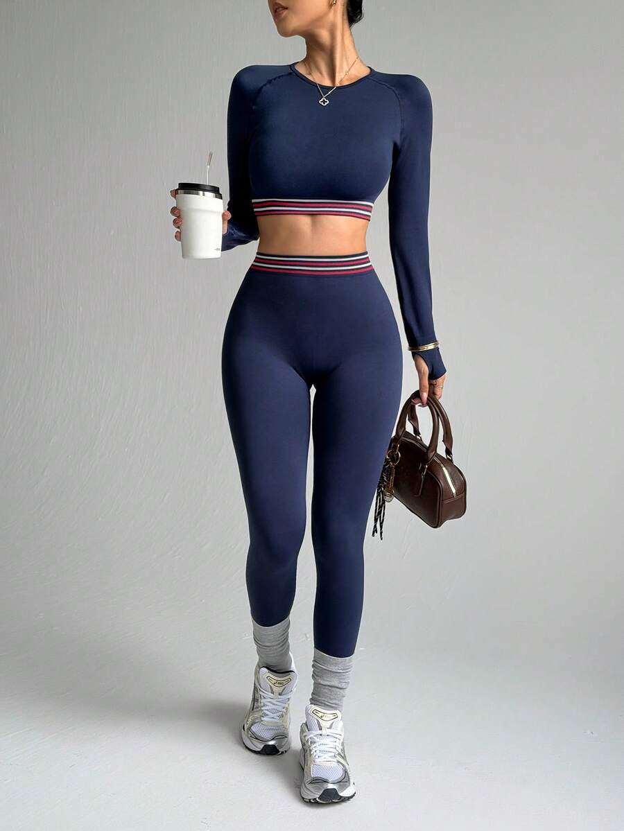 Dewbera Women's Seamless Contrast Color Raglan Sleeve Cropped Top And Leggings Sports Suit Athletic Two Piece Set - Navy Blue - View 1