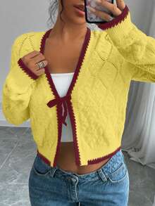 Rafferiza French Casual Versatile Diamond Textured Long Sleeve Pullover Knit - Yellow - View 5