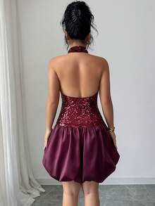 Elenzga Women's Sequins Embellished Satin Lined High Neck Sleeveless Ruffle Hem Dress, Elegant Angola Red, Sophisticated, Vintage French Street Style, Versatile, Autumn/Winter, Suitable For Halloween, Christmas, Thanksgiving, Formal Parties, Cocktail Dresses - Burgundy - View 2