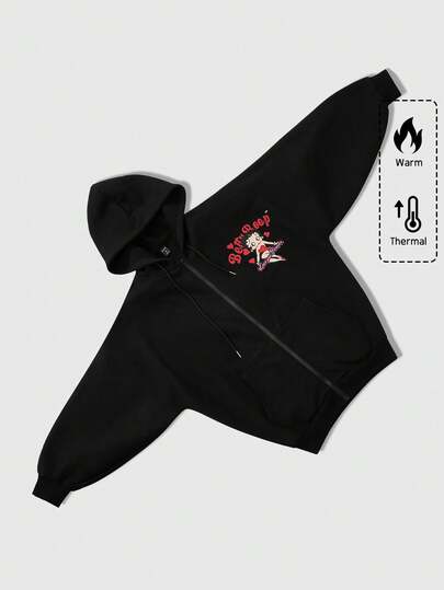 Betty Boop | ROMWE Sudadera con capucha con cremallera para hombres con diseño americano callejero, mangas de murciélago, gráfico de figura de dibujos animados y letras, otoño e invierno