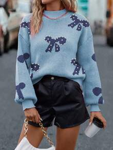 EMERY ROSE Suéter casual com laço e pérolas, ideal para outono/inverno. - Azul - Ver 4