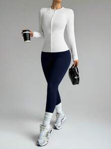 SHEIN Dewbera 女士纯色简约日常长袖修身立领毛衣 - 白色 - 查看 5