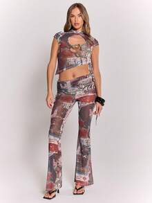 MUSERA Snake Print Mesh High Neck Cut Out Trim Ruched Side Cap Sleeve Top Cool Girl, Fall, Going Out, Sexy, , Costumes, , Costumes For Women, For Women, Women's Costume Winter Christmas Party