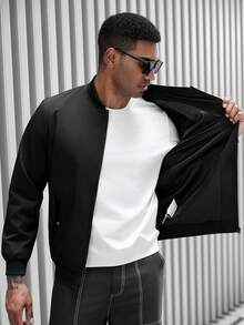 Manfinity Homme Men's Casual Popular New Jacket Outerwear, INS Combination Comfortable Ribbed Pocket Zipper Jacket Outerwear, Black Jacket Suitable For Hiking, Daily Matching, Gift For Boyfriend/Husband, Casual Wear, Y2K