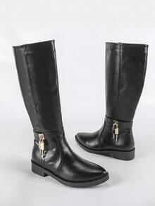 CUCCOO BIZCHIC Botas sobre la rodilla cómodas y antideslizantes para mujer, otoño/invierno 2025, con decoración metálica, botas negras para ir al trabajo, casual, versátiles, con cremallera lateral hasta el tobillo, suela gruesa y punta puntiaguda, estilo occidental de caña alta