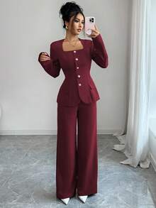 Elenzga 2 件套女士西装面料梯形领前金属纽扣腰部 A 字下摆开口袋长袖衬衫 + 直筒裤纯色优雅办公室通勤街头装秋冬时尚百搭商务休闲感恩节下午茶派对返校 - 酒紅色 - 查看 4