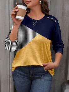 EMERY ROSE Plus Size Women Striped Colorblock Print T-Shirt, Autumn/Winter Round Neck Button Decor Long Sleeve Tee - Multicolor - View 3