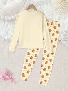 少女甜美可爱优雅休闲舒适日常粉色水豚卡通涂鸦图案圆领套头针织高弹力修身长袖上衣和裤子两件套睡衣 - 黃色 - 查看 2