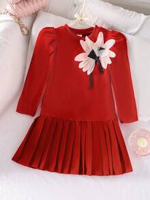 SHEIN Elladie kids 女童时尚白色花朵装饰褶皱下摆黑色圆领长袖连衣裙，舒适时尚，秋冬款 - 紅色 - 查看 3