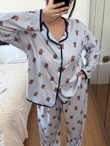 SHEIN Bộ đồ ngủ tay dài họa tiết gấu sọc dễ thương cỡ lớn cho nữ, dễ thương, màu tương phản, dễ mặc, thu đông - Màu xanh lam - Xem 3