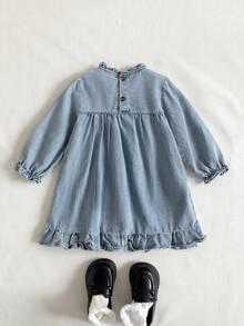 SHEIN Baby Mädchen Lässiges, süßes Kleid mit Blumenstickerei und Rüschensaum, langärmlig, vielseitig für Ausflüge und Alltagstragen, Herbst/Winter - Mittele Waschung - Übersicht 2